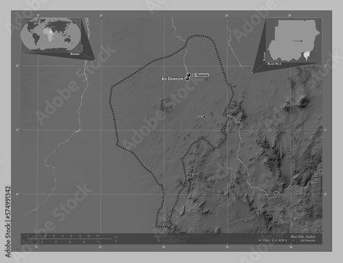 Blue Nile, Sudan. Grayscale. Labelled points of cities photo