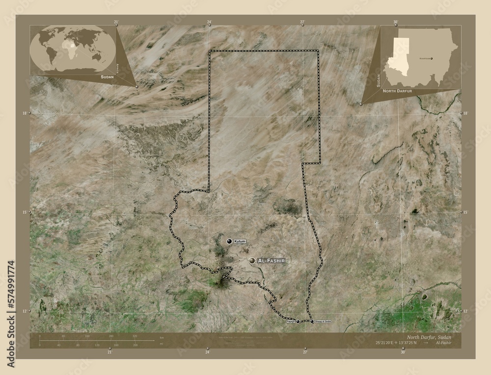 Fototapeta premium North Darfur, Sudan. High-res satellite. Labelled points of cities
