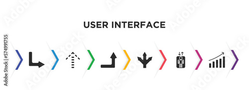 user interface filled icons with infographic template. glyph icons such as down right arrow, up broken line arrow, right up arrow, three arrows, lift, evolution vector.