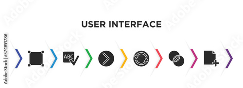 user interface filled icons with infographic template. glyph icons such as metrize, spellcheck, right button, synchronisation, intersect, new page vector.