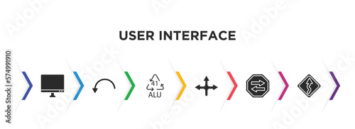 user interface filled icons with infographic template. glyph icons such as display, curve arrows, 41 alu, crossroad, two left arrows, curvy road ahead vector.