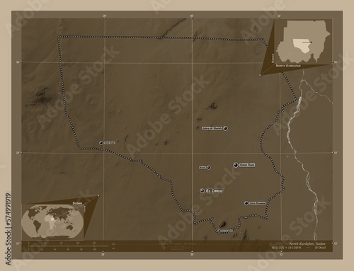 North Kurdufan, Sudan. Sepia. Labelled points of cities photo