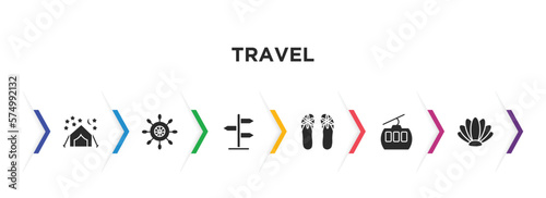 travel filled icons with infographic template. glyph icons such as camping tent, rudder, , flip flop, cable car, shell vector.