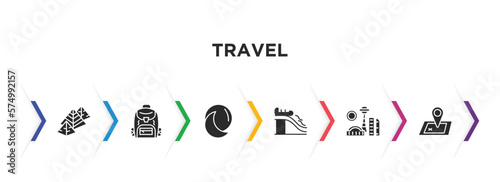 travel filled icons with infographic template. glyph icons such as egyptian pyramids, student backpack, basic moon, waterpark, , unfolded map vector.
