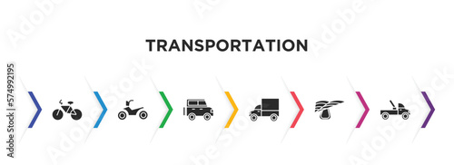 transportation filled icons with infographic template. glyph icons such as bicycle, motorbike, jalopy, lorry, hang glider, tow truck vector.