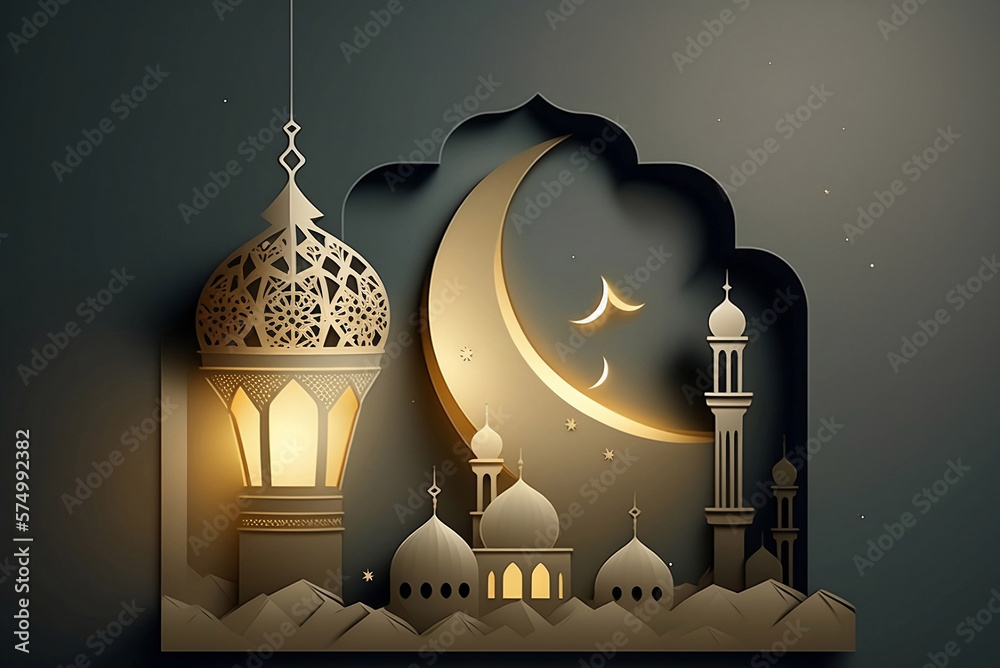 Moon and Mosque design for Islamic banner-poster background Stock ...