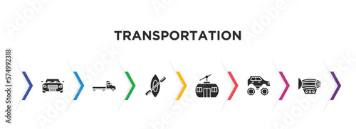 transportation filled icons with infographic template. glyph icons such as car frontal view, flatbed lorry, rowing, chairlift, monster truck, dirigible vector.