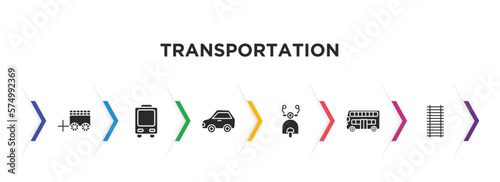 transportation filled icons with infographic template. glyph icons such as oxcart, trolleybus, litter car, scooter front view, double decker bus, railway line vector.