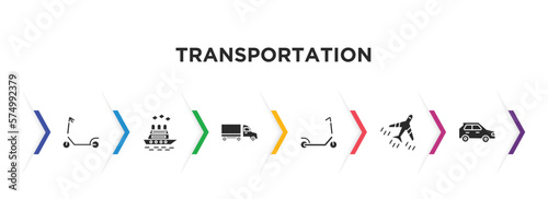 transportation filled icons with infographic template. glyph icons such as micro scooter, icebreaker ship, eighteen-wheeler, kick scooter, jetliner, hatchback vector.