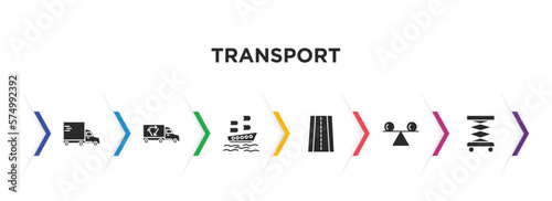 transport filled icons with infographic template. glyph icons such as heavy vehicle, recycling truck, galleon, road with broken lines, stability, lifter vector.