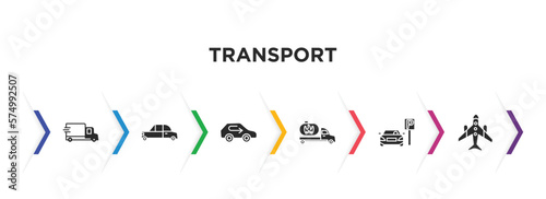 transport filled icons with infographic template. glyph icons such as free transport, midget car, recirculation, gas truck, car parking, airplane pointing up vector.