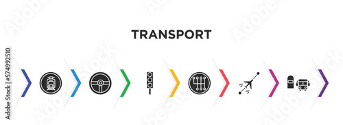 transport filled icons with infographic template. glyph icons such as tram stop label, steering, car traffic, gearshift, flights, scholar bus stop vector.