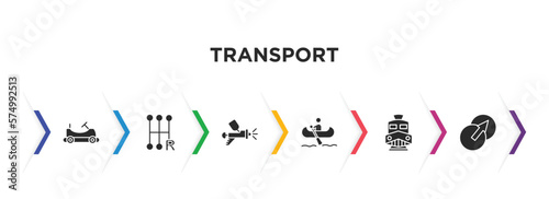 transport filled icons with infographic template. glyph icons such as go kart, shift, car painting, boating, diesel train, transition vector.