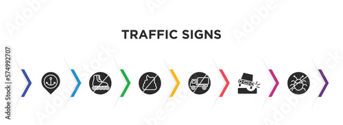 traffic signs filled icons with infographic template. glyph icons such as port, no skating, no pooping, no trucks, pothole, insects vector.
