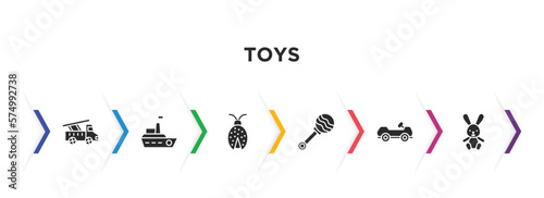 toys filled icons with infographic template. glyph icons such as fire truck toy, boat toy, ladybug toy, rattle cart bunny vector.