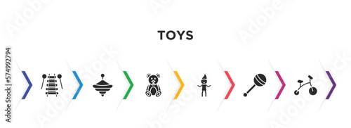 toys filled icons with infographic template. glyph icons such as xylophone toy, spinning toy, teddy bear toy, troll tricycle vector.