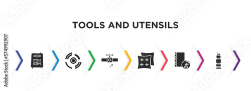 tools and utensils filled icons with infographic template. glyph icons such as daily specials board, radial, pipe losing water, cushion, book with cd rom, times square vector.