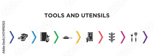 tools and utensils filled icons with infographic template. glyph icons such as power saw, book with mouse, kitchen utensils, hand phones, semaphore light, utensils vector.