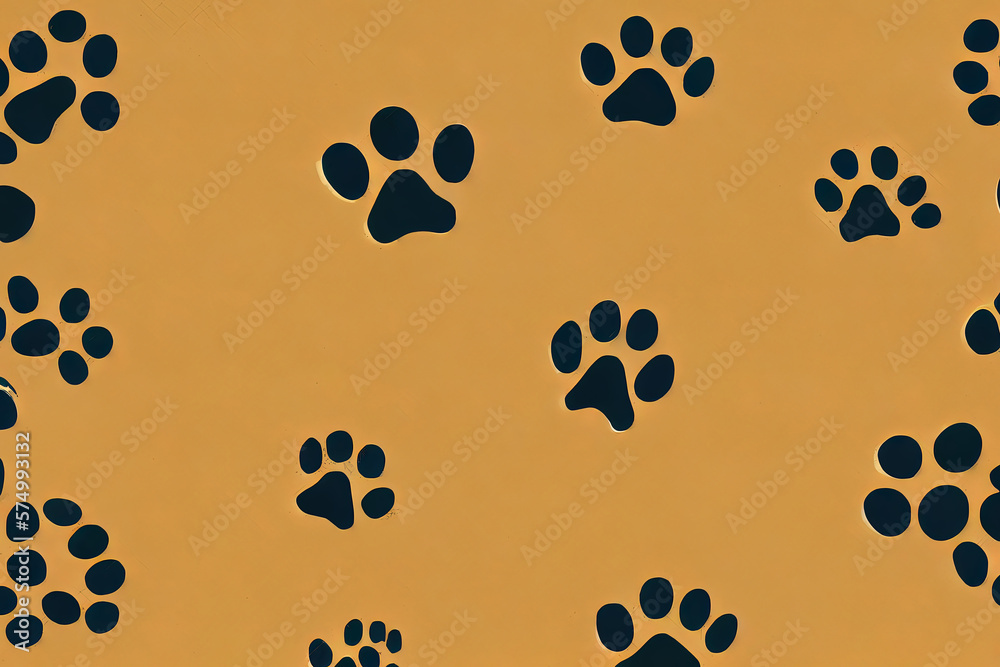 Seamless background with bone and footprint Dog paw, background, wallpaper, graphic design, mix color, illustration, realistic. Generative Ai