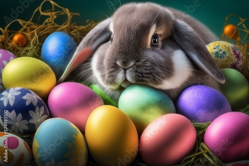 Little cute bunny-rabbit, with colourful eggs. Easter, holidays theme. AI image photo