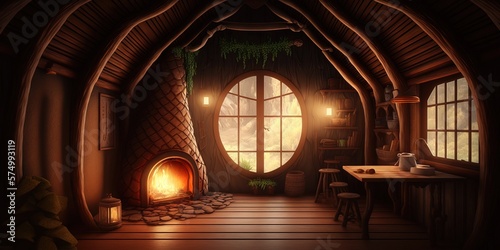 Tableau sur toile The interior of a Hobbit house, a wooden hut with a fantasy feel, is inside, Gen