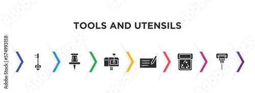 tools and utensils filled icons with infographic template. glyph icons such as tiny key, school push pin, postage, writing tool, recycling bin, auger vector.