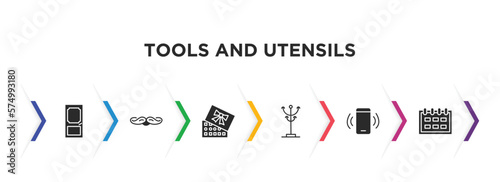 tools and utensils filled icons with infographic template. glyph icons such as doors, moustaches, chote box, clothes rack, ringing, calendar with six days vector.