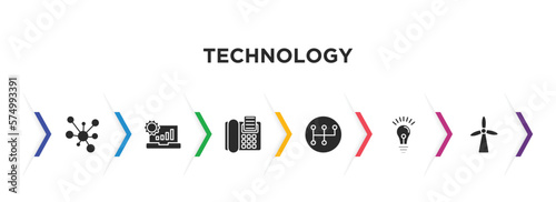 technology filled icons with infographic template. glyph icons such as conection, analysis process, fax phone, transmission, light bulb idea, eolic vector.