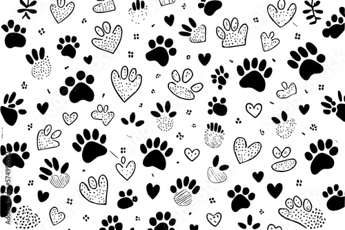 Seamless dog pattern and balls. Cat foot texture. Pattern with doggy pawprint and bones. Dog texture. Hand drawn vector illustration in doodle style on white background, realistic. Generative Ai