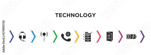technology filled icons with infographic template. glyph icons such as big headphones, antenna, add call, photocopier, email agenda, battery power vector.