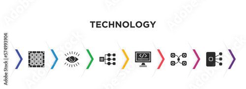 technology filled icons with infographic template. glyph icons such as raster images, impressions, sitemaps, self-closing tag, data modelling, content curation vector.