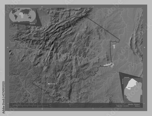 Hhohho, Eswatini. Grayscale. Labelled points of cities photo