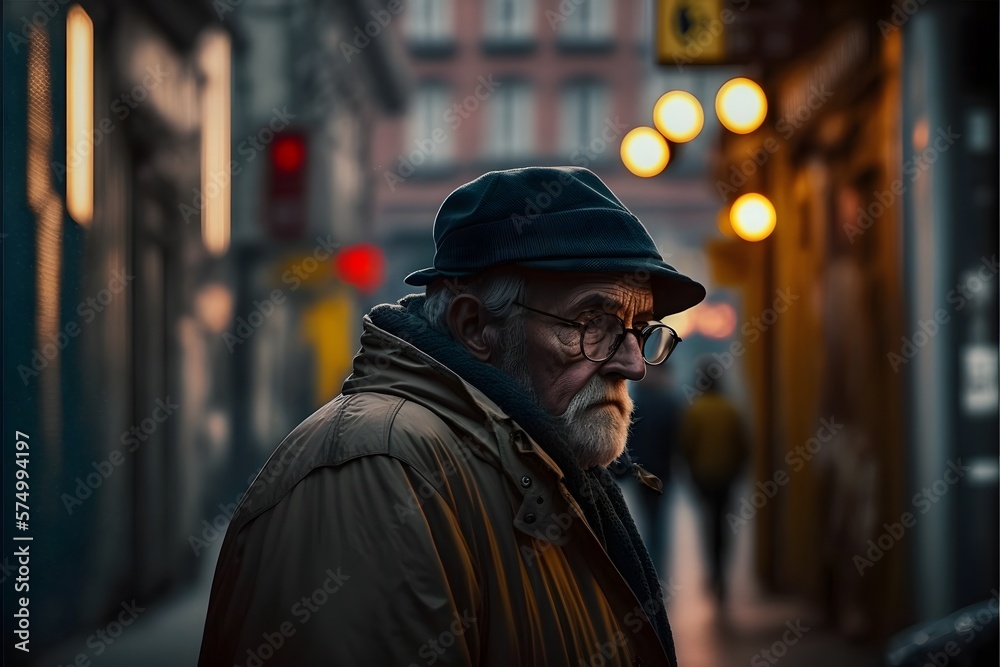 Street photography of an old man in the center of the road