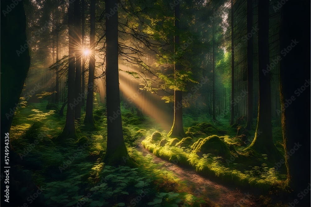 Professional sunrays click in a forest