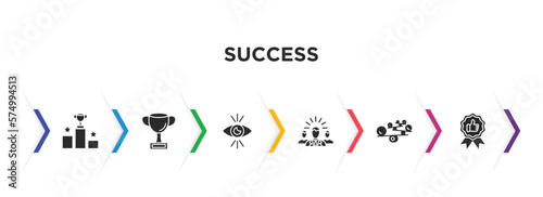 success filled icons with infographic template. glyph icons such as pedestal, cup, vision, leader, balance, best vector.