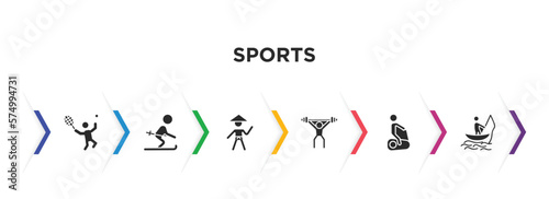 sports filled icons with infographic template. glyph icons such as man playing tennis, skier skiing, sesei, man lifting weight, exercise gym, fishing man vector.