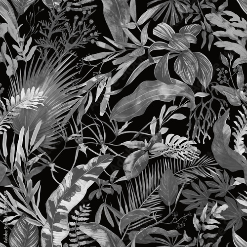 Tropical seamless pattern with exotic leaves.  Floral wallpaper painted in watercolor in black and white colors