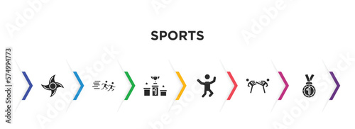 sports filled icons with infographic template. glyph icons such as ninja shuriken, running a race, podium with cup, jumping dancer, two judo fighters, medal with number 1 vector.