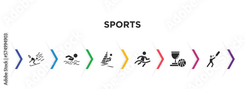 sports filled icons with infographic template. glyph icons such as skiing, swimming man, man windsurfing, marathon champion, basketball champion, bats man vector.