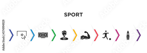 sport filled icons with infographic template. glyph icons such as football, scoreboard, commentator, muscle, soccer, surf vector.