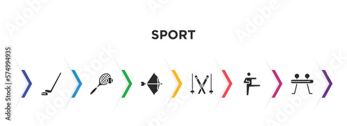 sport filled icons with infographic template. glyph icons such as hockey, tennis, archery, ski, karate, gymnastics vector.