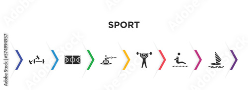 sport filled icons with infographic template. glyph icons such as training, soccer field, wakeboarding, weightlifter, long jump, windsurf vector.