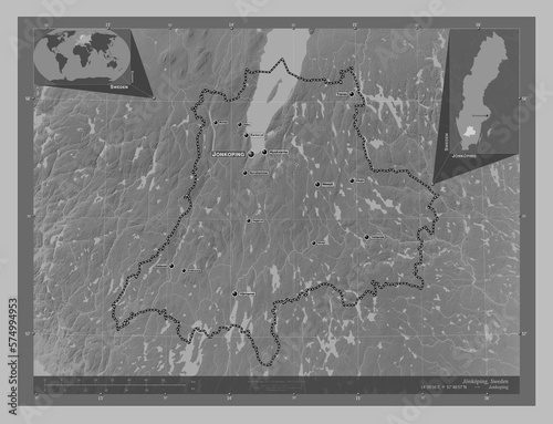 Jonkoping, Sweden. Grayscale. Labelled points of cities photo