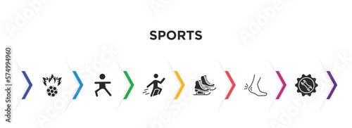 sports filled icons with infographic template. glyph icons such as soccer football ball, excersice, jumping ski, ice skates, ankle, equipment vector.