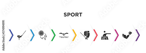 sport filled icons with infographic template. glyph icons such as golf, volleyball, swimming, fencing, snowboarding, boxing vector.
