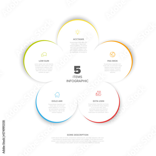 Minimalistic five steps items elements template with color borders