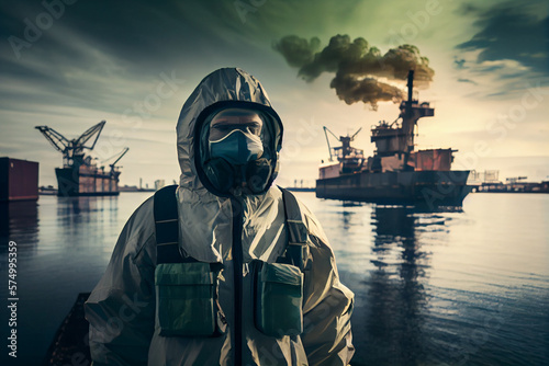 A man in a biosecurity suit in the port against the background of cranes, ships and cargo containers. Toxic chemical, bacteriological and radioactive substances. Transportation © PaulShlykov