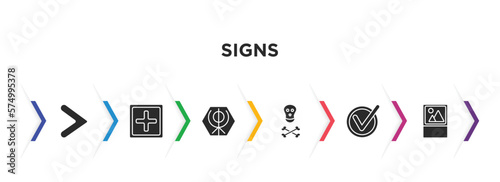 signs filled icons with infographic template. glyph icons such as is greater than, add, khanda, toxic material, tick, placeholders vector.