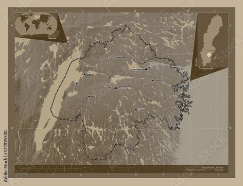 Konstfotografi Ostergotland, Sweden. Sepia. Labelled points of cities