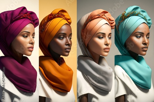 four women wear turban hijab in different color skin, ethnic, Generative AI